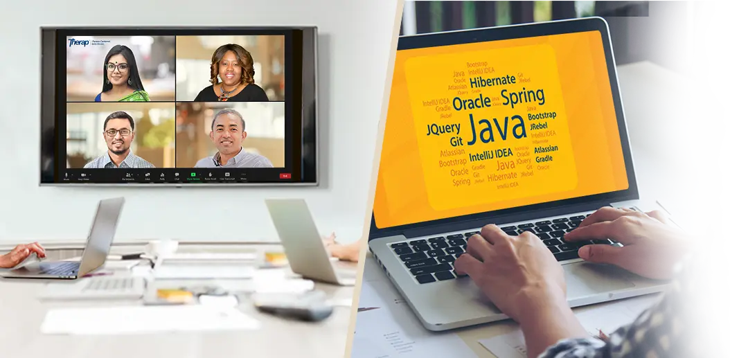 Group of diverse professionals collaborating in an office, representing a leading software company.