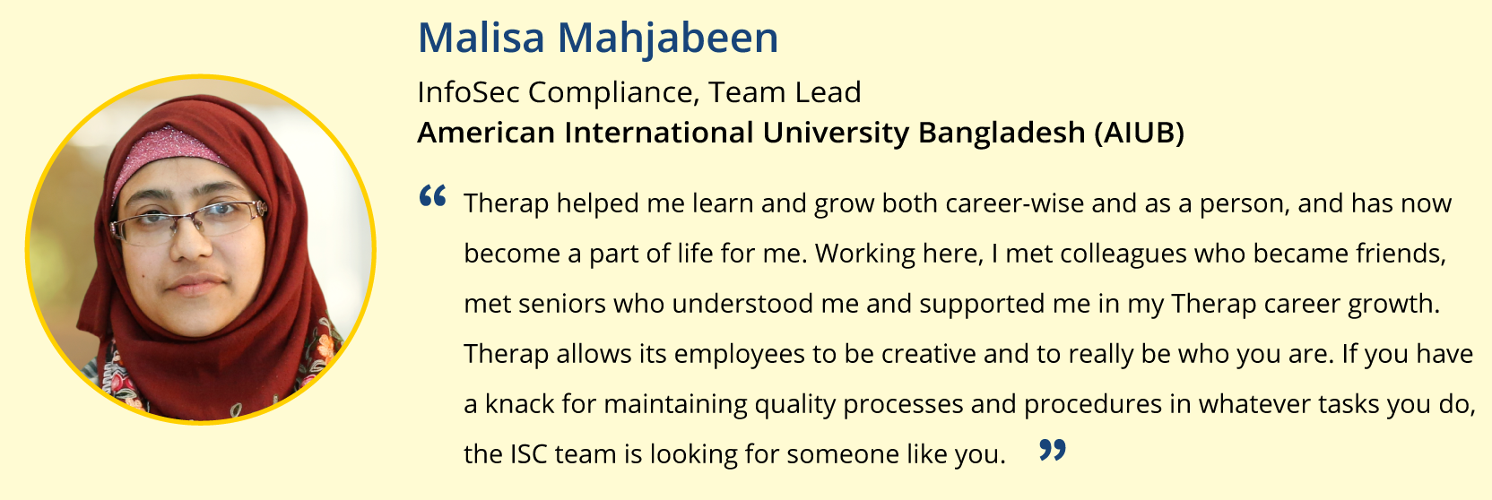 Quotations of InfoSec Compliance team, Malisa Mahjabeen